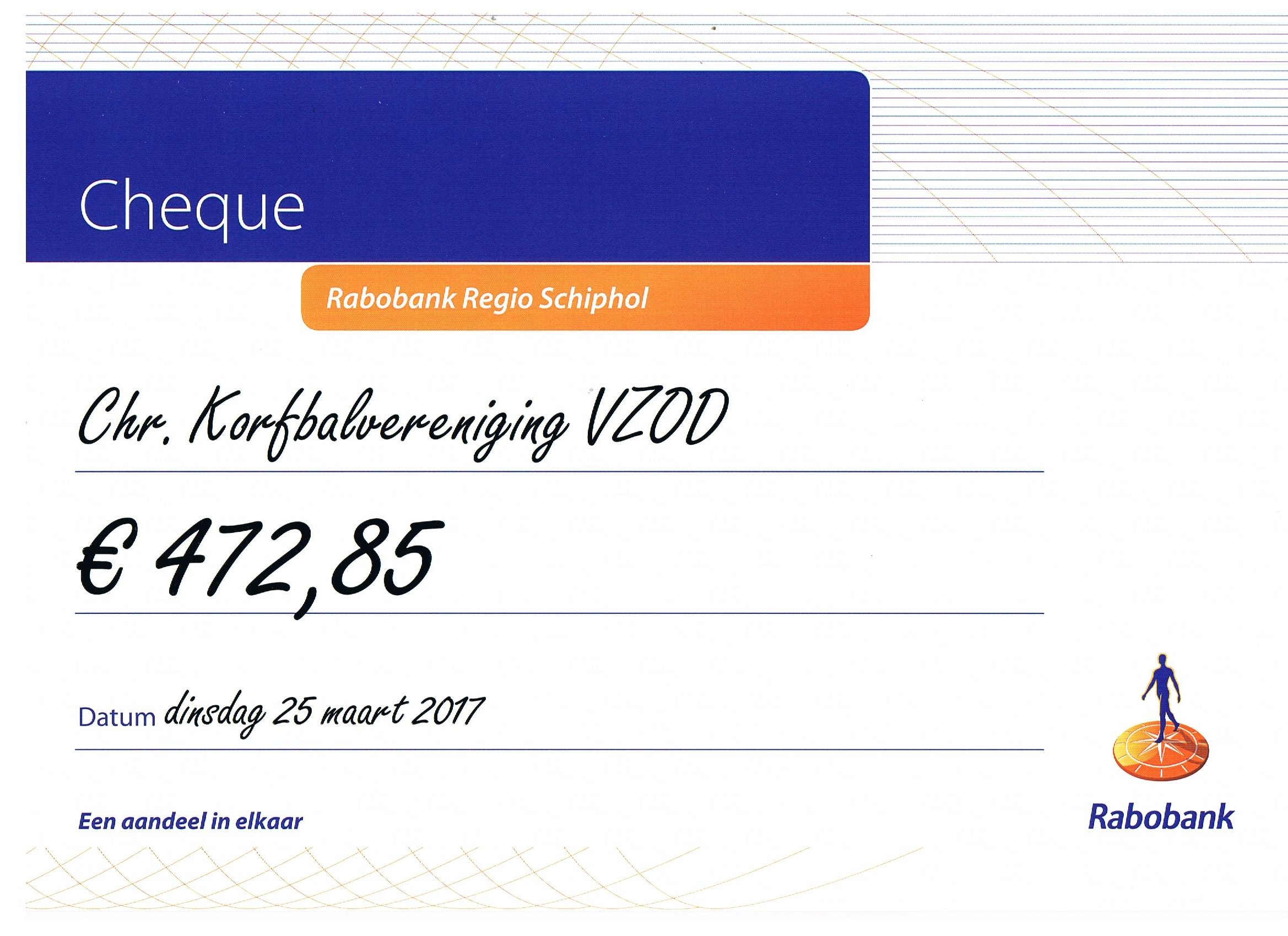 Cheque Rabobank Bloeiende Ledenbank Actie - c.k.v. VZOD