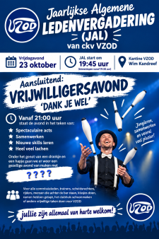 Jaarlijkse Algemene Ledenvergadering (JAL) VZOD op vrijdagavond 23 oktober